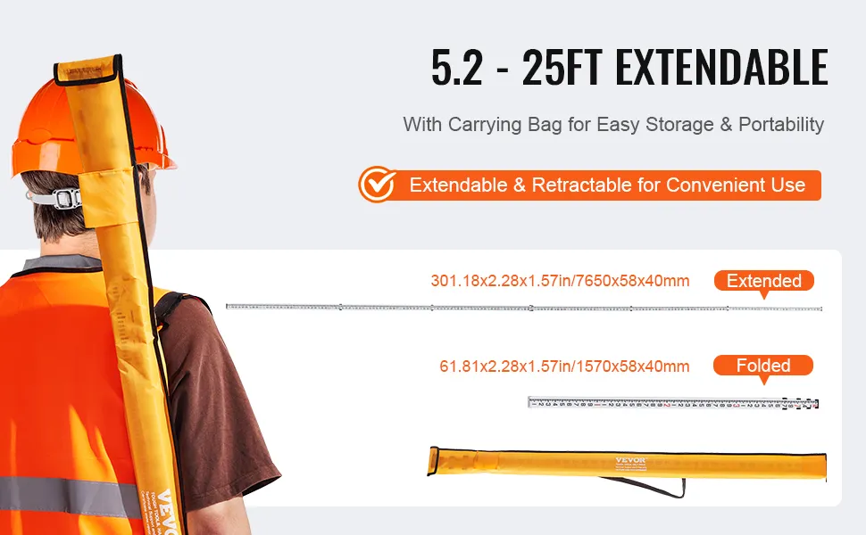 worker carrying a VEVOR measuring rod, 5.2-25ft extendable, shown extended and folded with carrying bag.