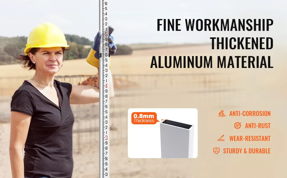 worker using VEVOR measuring rod made of thickened aluminum material, featuring anti-corrosion and wear-resistant properties.