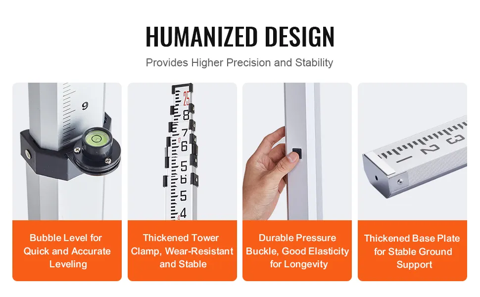 VEVOR measuring rod with bubble level, thickened tower clamp, pressure buckle, and thickened base plate.