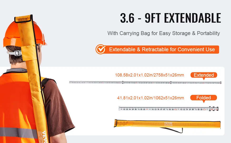 worker carrying VEVOR aluminum grade rod in yellow bag, showcasing its extendable and folded lengths.
