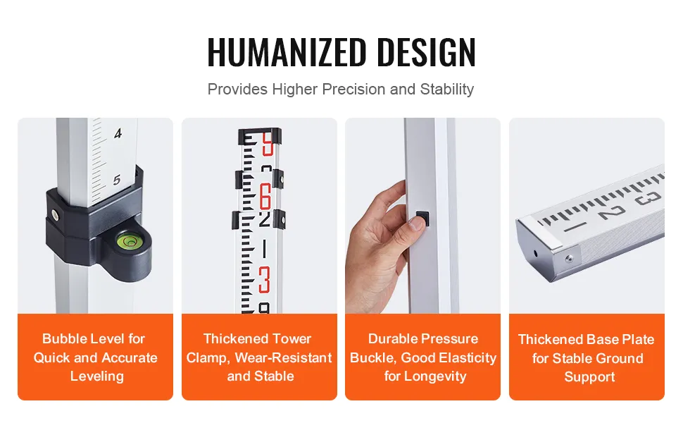 VEVOR aluminum grade rod with bubble level, thickened tower clamp and base plate, durable pressure buckle.