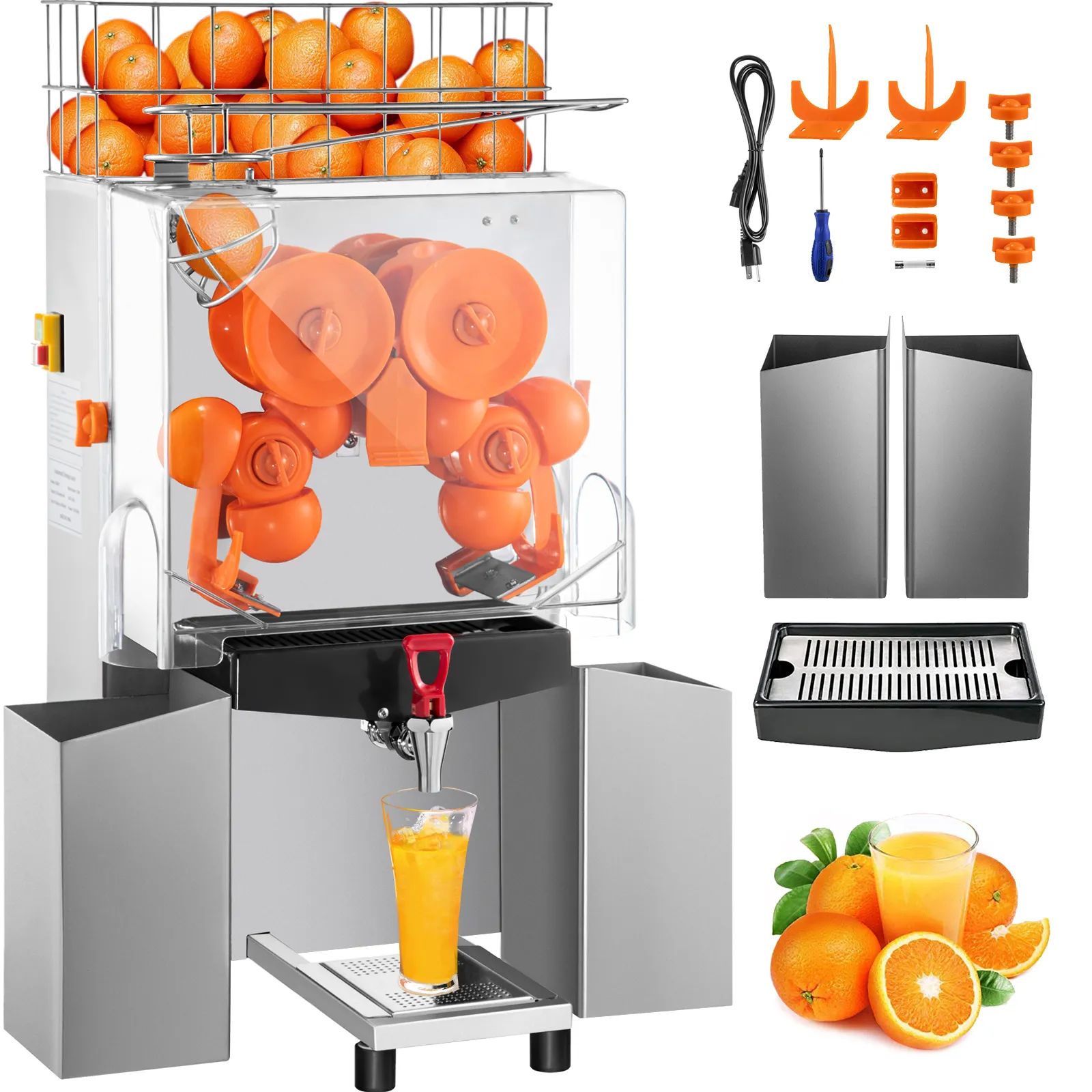 Exprimidor comercial VEVOR con naranjas frescas, vaso de jugo y accesorios.