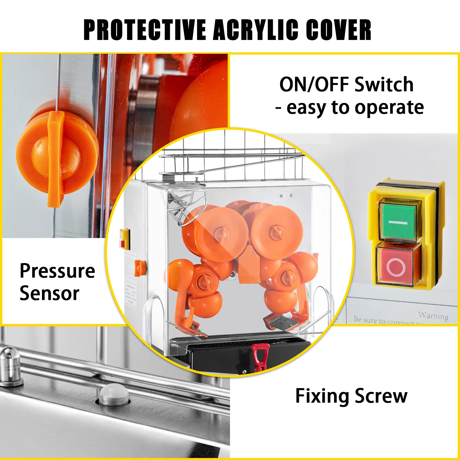 Exprimidor comercial VEVOR con cubierta acrílica protectora e interruptor de encendido y apagado fácil.