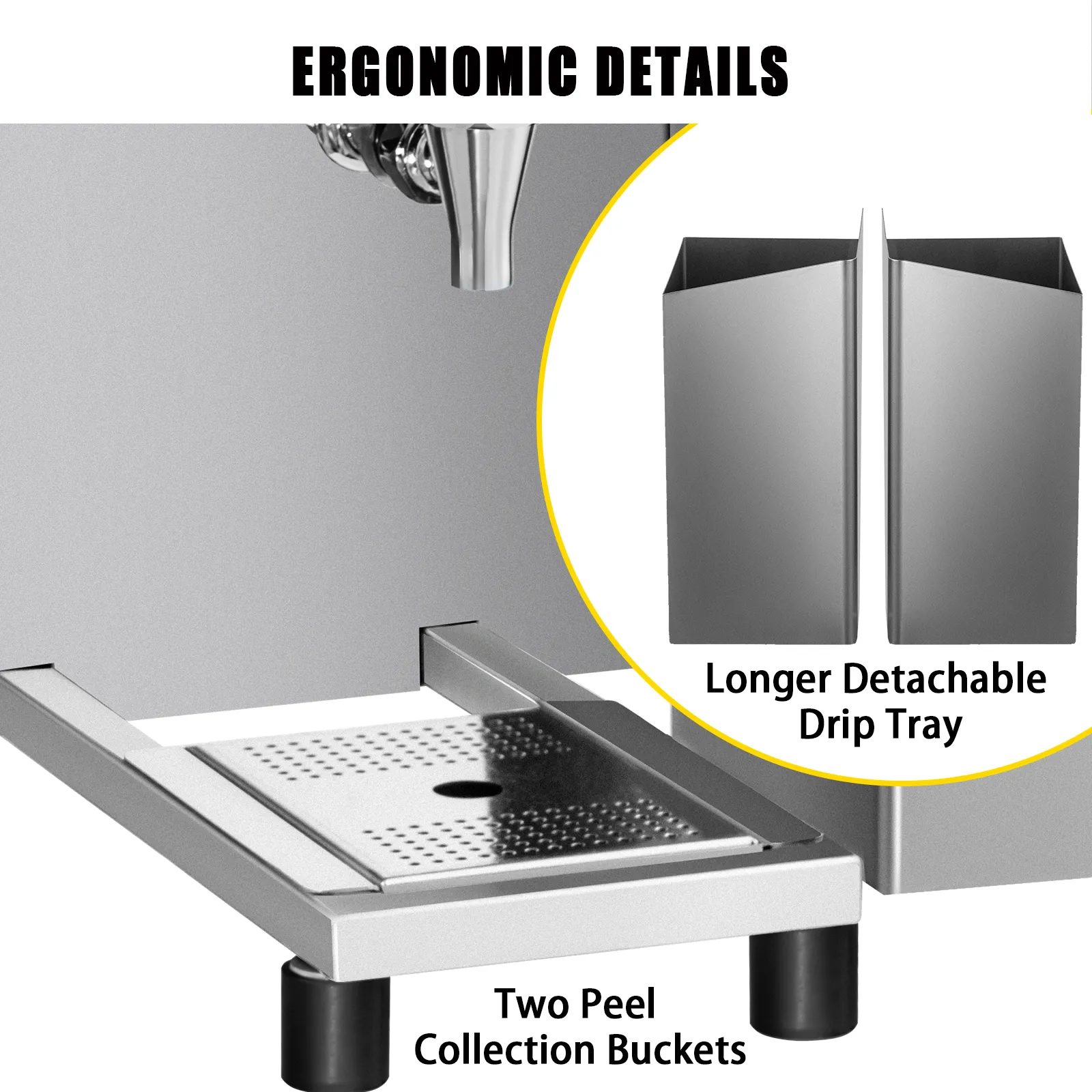 Exprimidor comercial VEVOR con detalles ergonómicos, bandeja de goteo desmontable y cubos para pelar.