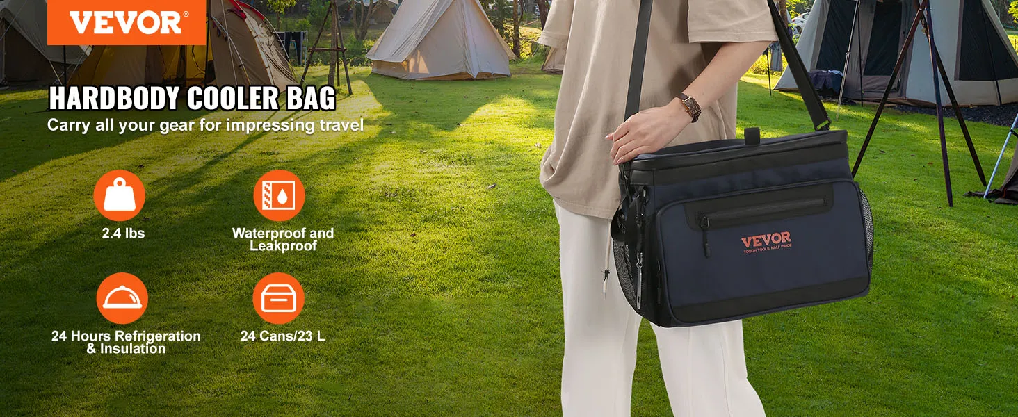 person holding a VEVOR hardbody cooler bag at a campsite, highlighting waterproof and insulation features.