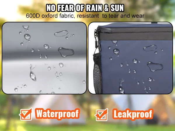 VEVOR hardbody cooler bag waterproof, leakproof, 600d oxford fabric; camping tents in background.