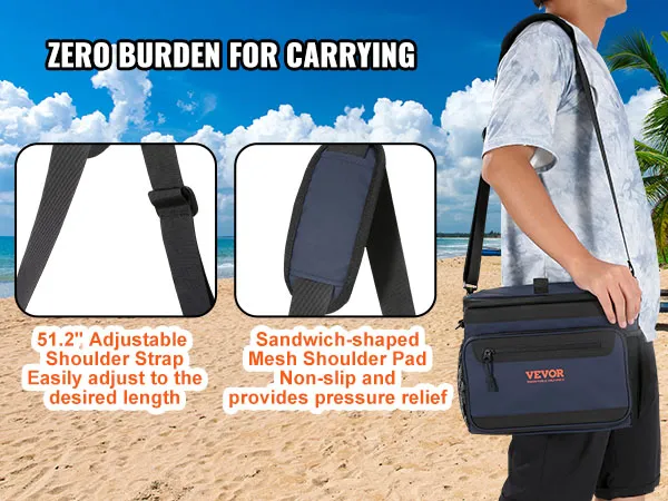 VEVOR hardbody cooler bag with adjustable shoulder strap and padded support, carried on the beach.