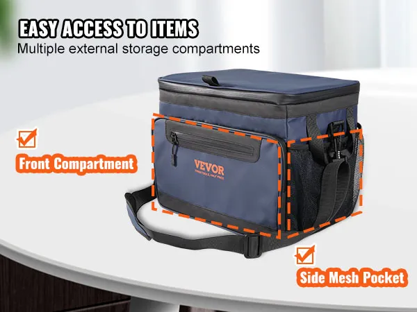 VEVOR hardbody cooler bag with front compartment and side mesh pocket for easy access to items.