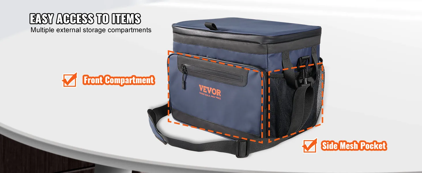 VEVOR hardbody cooler bag with front compartment and side mesh pocket for easy access to items.