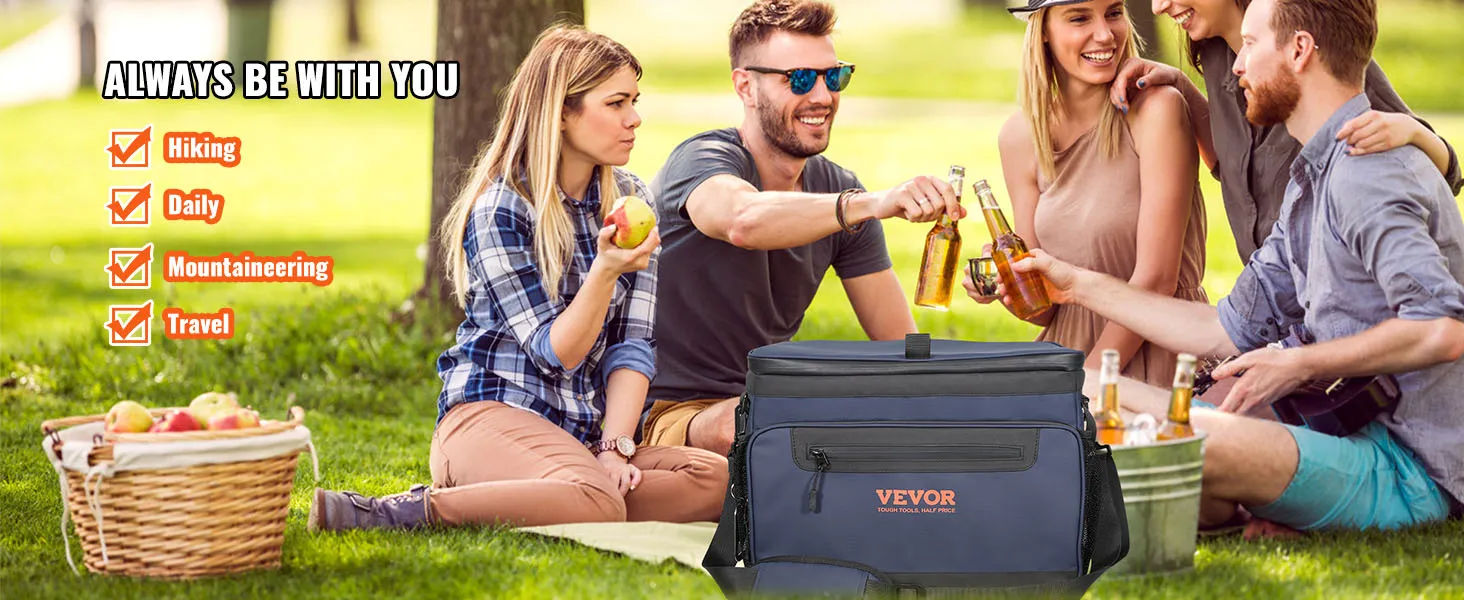 people enjoying a picnic in the park with a VEVOR cooler bag, ideal for hiking, travel, and daily use.