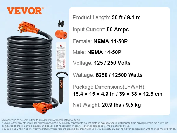Cable de extensión VEVOR para vehículos recreativos, 30 pies, NEMA 14-50R, 50 amperios, 125/250 voltios, 6250/12500 vatios, 20,9 libras.