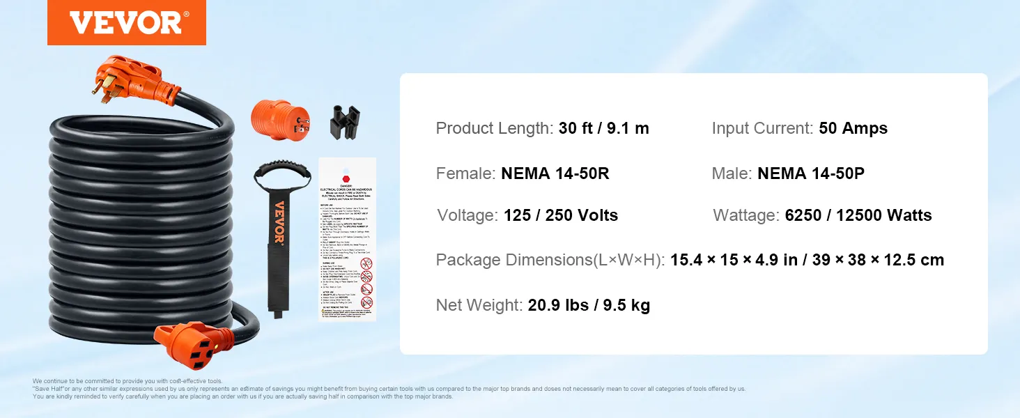 Cable de extensión VEVOR para vehículos recreativos, 30 pies, NEMA 14-50R, 50 amperios, 125/250 voltios, 6250/12500 vatios, 20,9 libras.