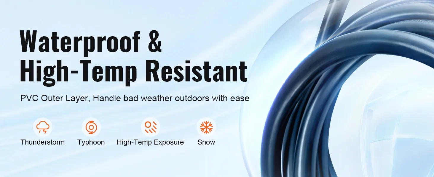 Cable de extensión VEVOR RV resistente al agua y a altas temperaturas, soporta tormentas eléctricas, tifones y nieve.