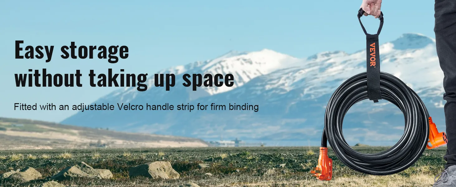 Cable de extensión VEVOR rv con tira de velcro ajustable para un fácil almacenamiento, montañas de fondo.