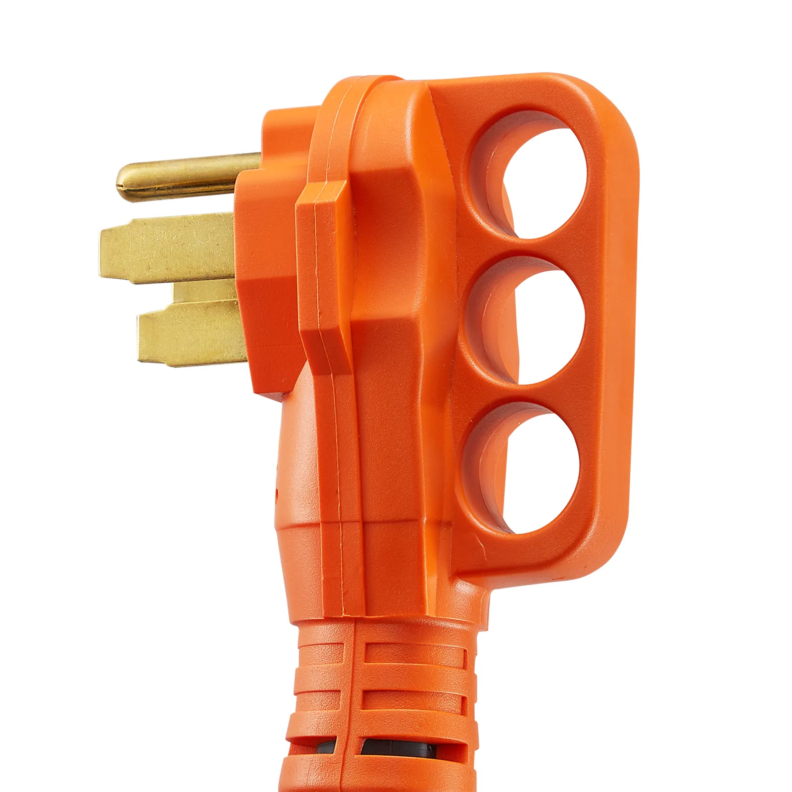 Vista de primer plano de un enchufe de cable de extensión para RV VEVOR naranja con diseño detallado de tres clavijas.