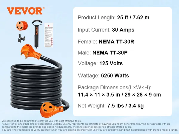 Cable de extensión VEVOR RV, 25 pies, NEMA TT-30P y TT-30R, 30 amperios, 125 voltios, con correa de almacenamiento.