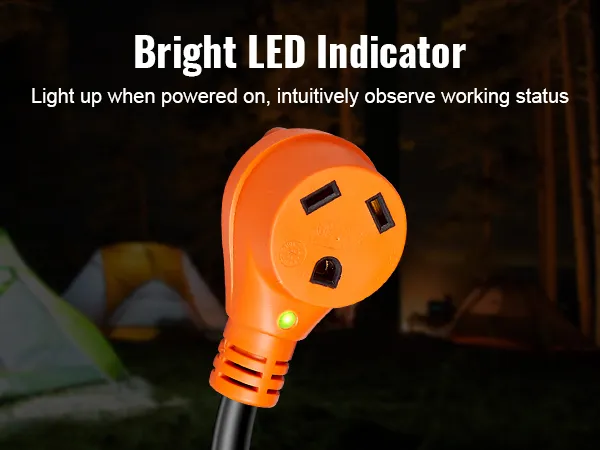 Indicador LED brillante en el cable de extensión para vehículos recreativos VEVOR, que garantiza una fácil observación del estado de la energía durante el campamento nocturno