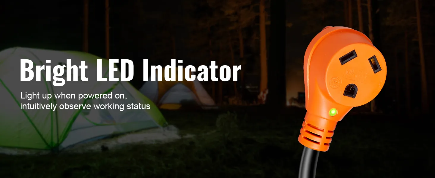 Indicador LED brillante en el cable de extensión para vehículos recreativos VEVOR, que garantiza una fácil observación del estado de la energía durante el campamento nocturno