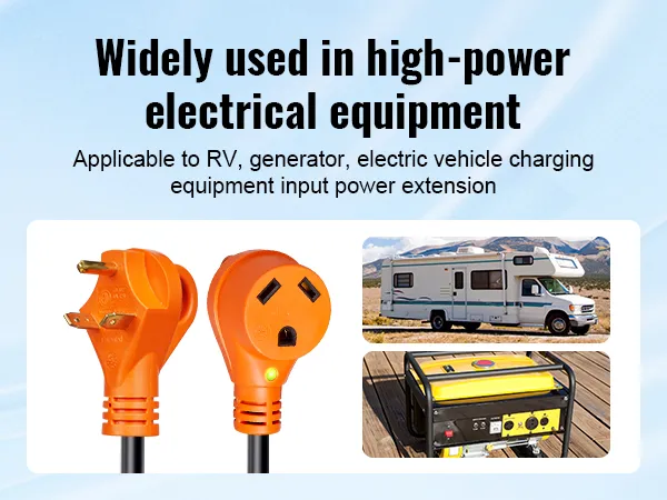 Cable de extensión enrollado para vehículos recreativos VEVOR, uso destacado en vehículos recreativos y generadores para equipos eléctricos de alta potencia.