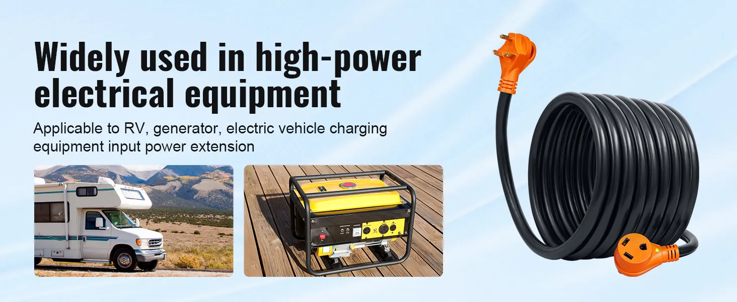 Cable de extensión enrollado para vehículos recreativos VEVOR, uso destacado en vehículos recreativos y generadores para equipos eléctricos de alta potencia.