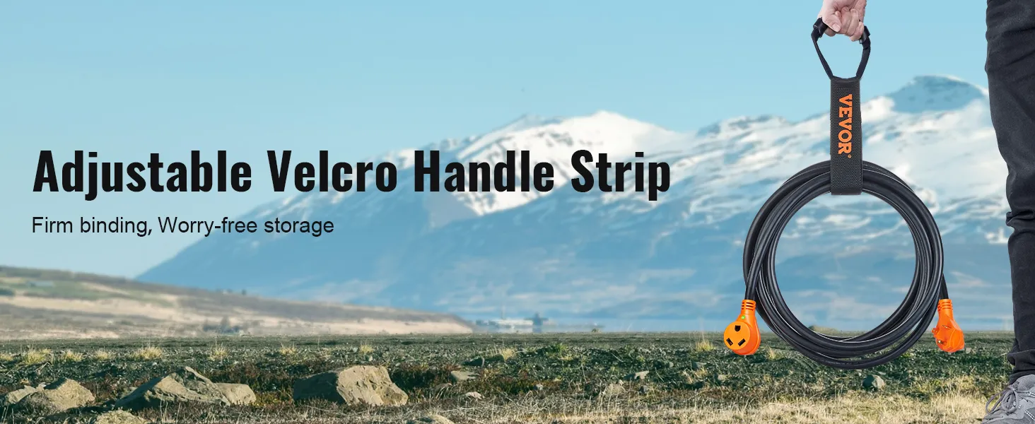 Cable de extensión VEVOR rv con mango de velcro ajustable para un fácil almacenamiento, fondo escénico de montaña.