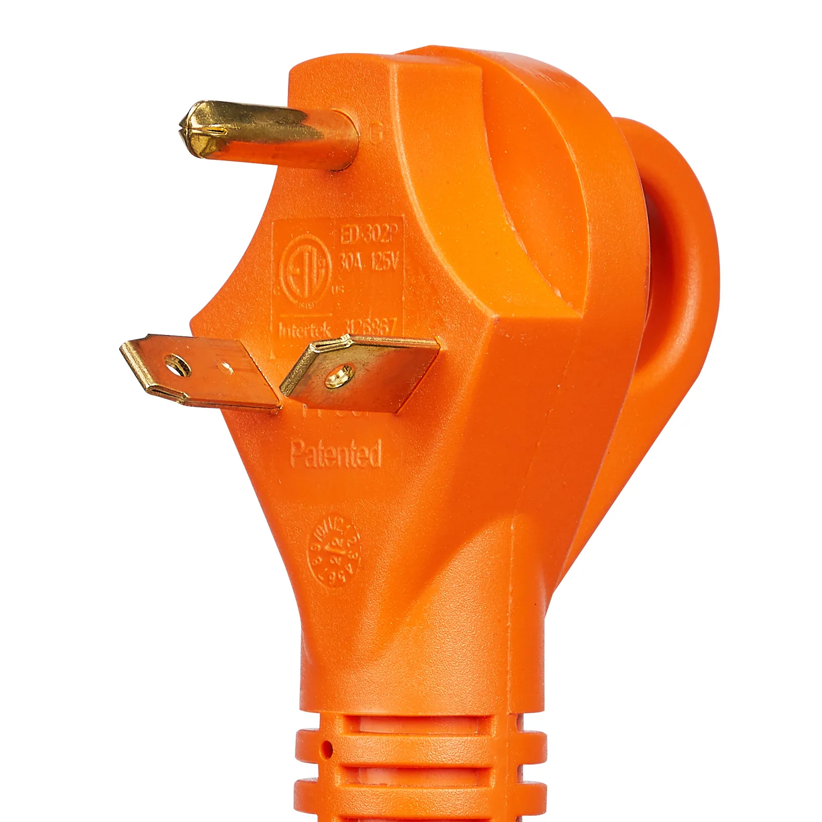 Enchufe de alimentación naranja con clavijas y etiquetado, parte de un cable de extensión para vehículos recreativos VEVOR, capacidad de 30 A y 125 V.