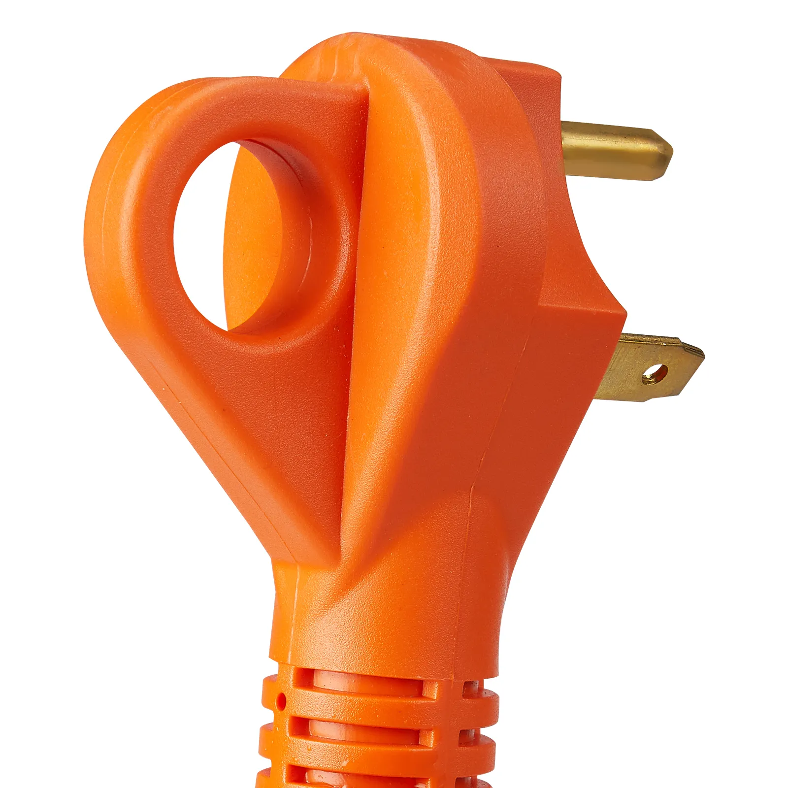 Cable de extensión para RV VEVOR naranja, primer plano, con enchufe de clavijas y mango de agarre circular.