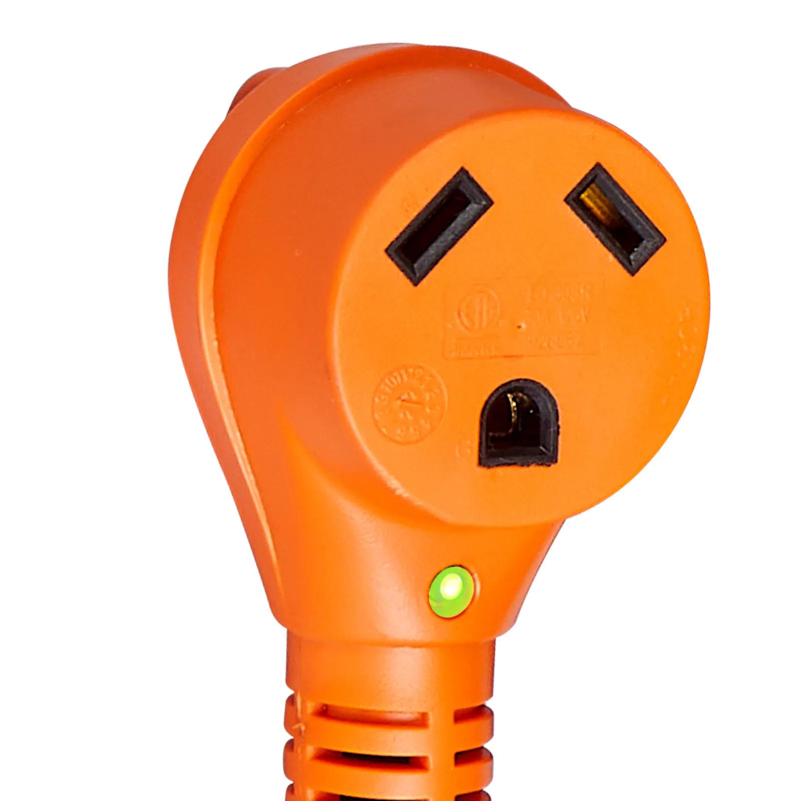 Enchufe de cable de extensión para RV VEVOR naranja con tres clavijas y un indicador LED verde.