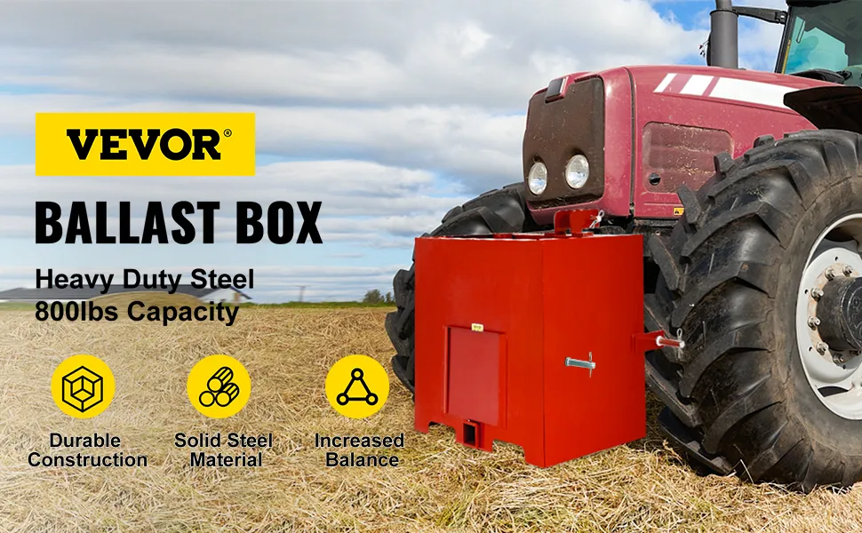 Caja de lastre de 3 puntos VEVOR unida a un tractor rojo en un campo con texto e íconos.