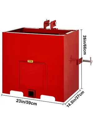 Caja de lastre de 3 puntos VEVOR roja para tractores, dimensiones 26x23x14,5 pulgadas.