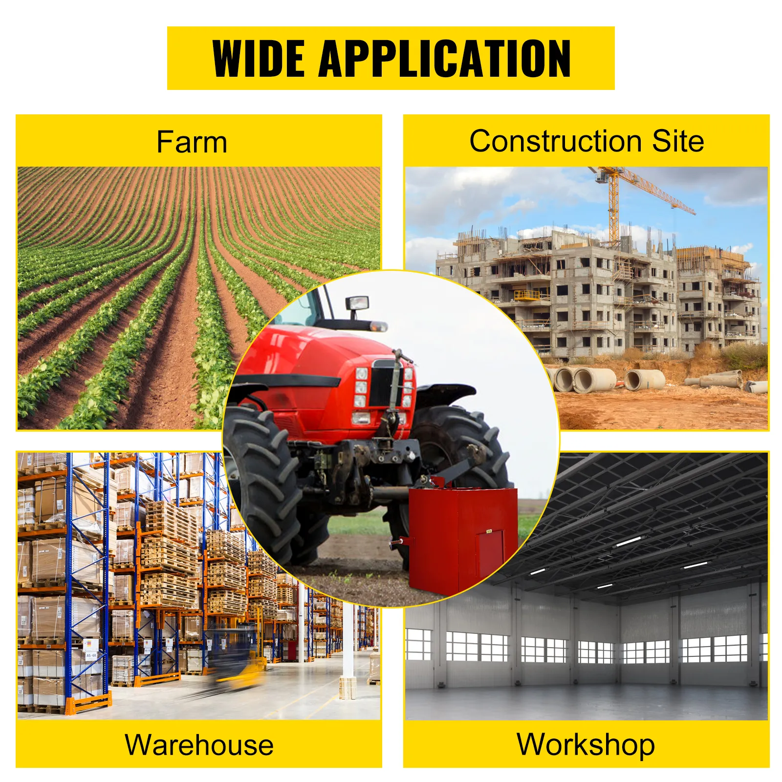 Caja de lastre de 3 puntos VEVOR en una granja, sitio de construcción, almacén y taller.