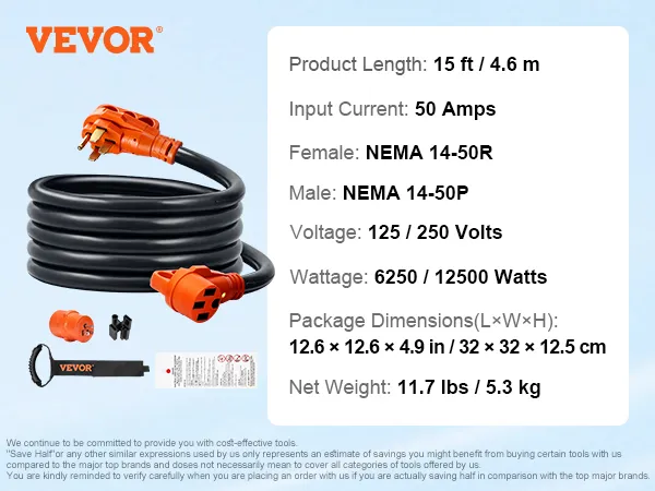 VEVOR rv extension cord, 15 ft, nema 14-50r and 14-50p, 50 amps, 125/250 volts, 6250/12500 watts