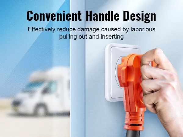 hand holding an orange plug with a convenient handle design, VEVOR rv extension cord, rv in background.