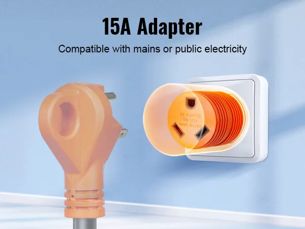 15a adapter plug for VEVOR rv extension cord in a wall outlet, compatible with mains or public electricity.