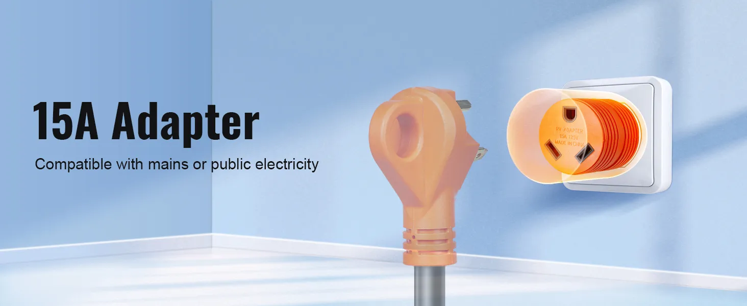 15a adapter plug for VEVOR rv extension cord in a wall outlet, compatible with mains or public electricity.