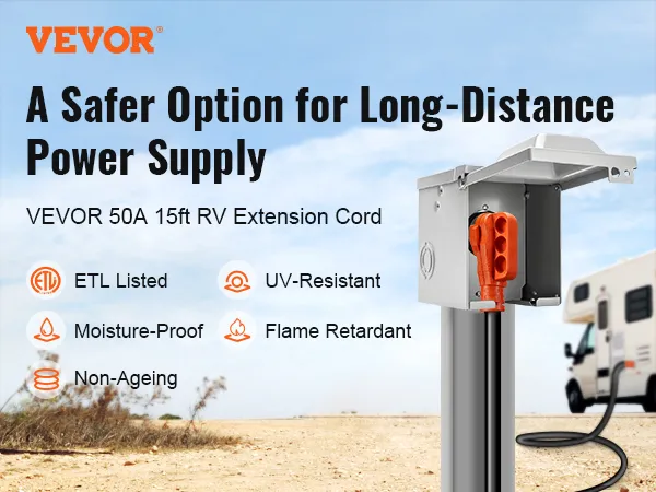 VEVOR rv extension cord - etl listed, uv-resistant, moisture-proof, and flame retardant for safe power supply.