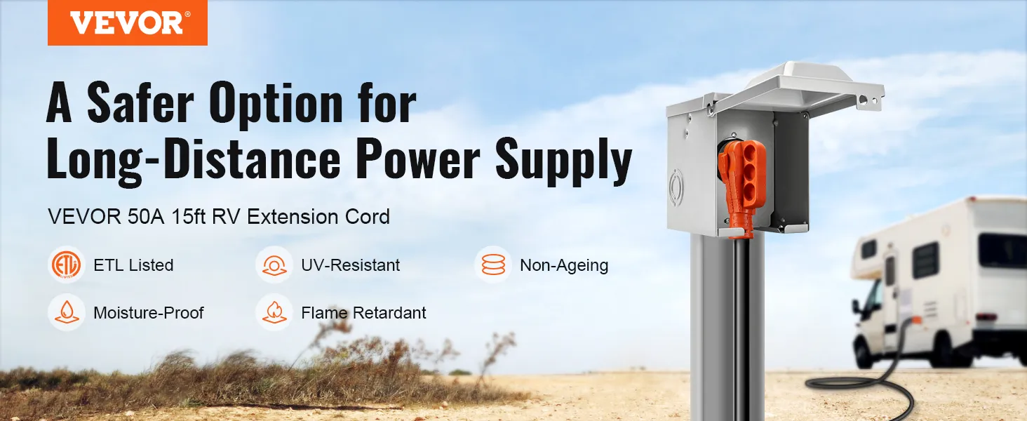 VEVOR rv extension cord - etl listed, uv-resistant, moisture-proof, and flame retardant for safe power supply.