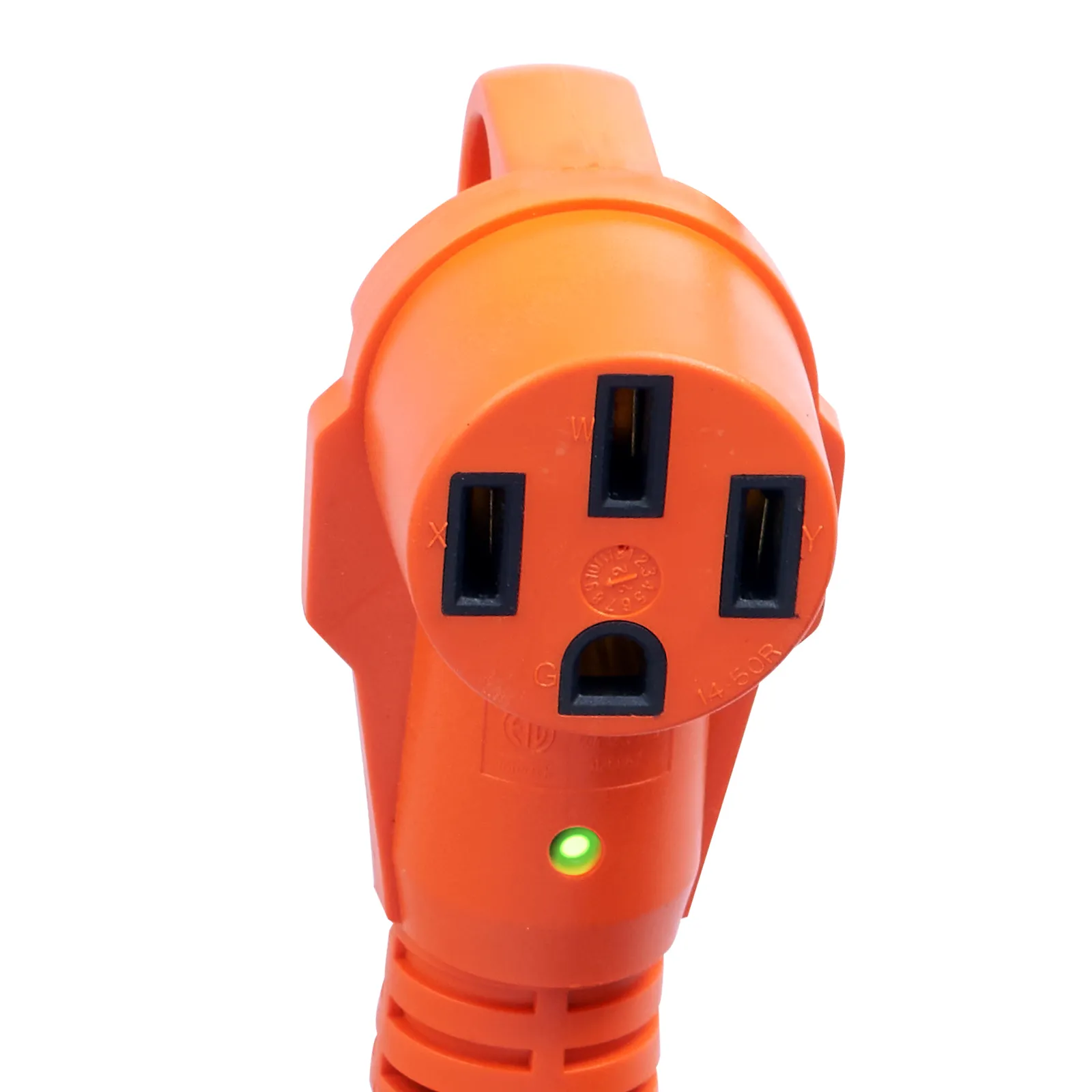 orange VEVOR rv extension cord plug with three prongs and a green led indicator.