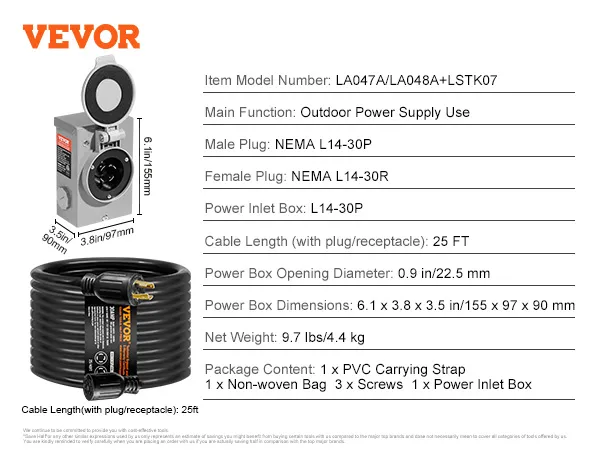 Cable generador VEVOR de 30 amperios con NEMA L14-30P, cable de 25 pies y caja de entrada de energía.