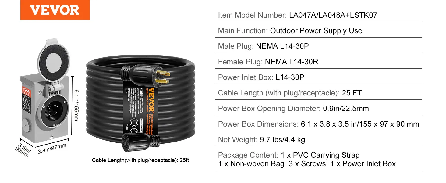 Cable generador VEVOR de 30 amperios con NEMA L14-30P, cable de 25 pies y caja de entrada de energía.