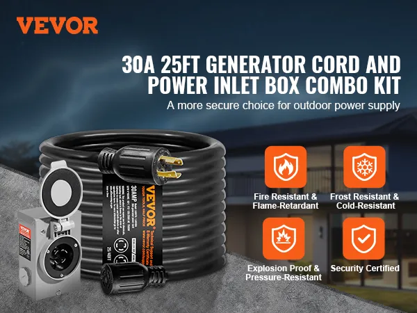 VEVOR 30a 25ft generator cord and power inlet box combo kit, fire resistant, frost resistant.