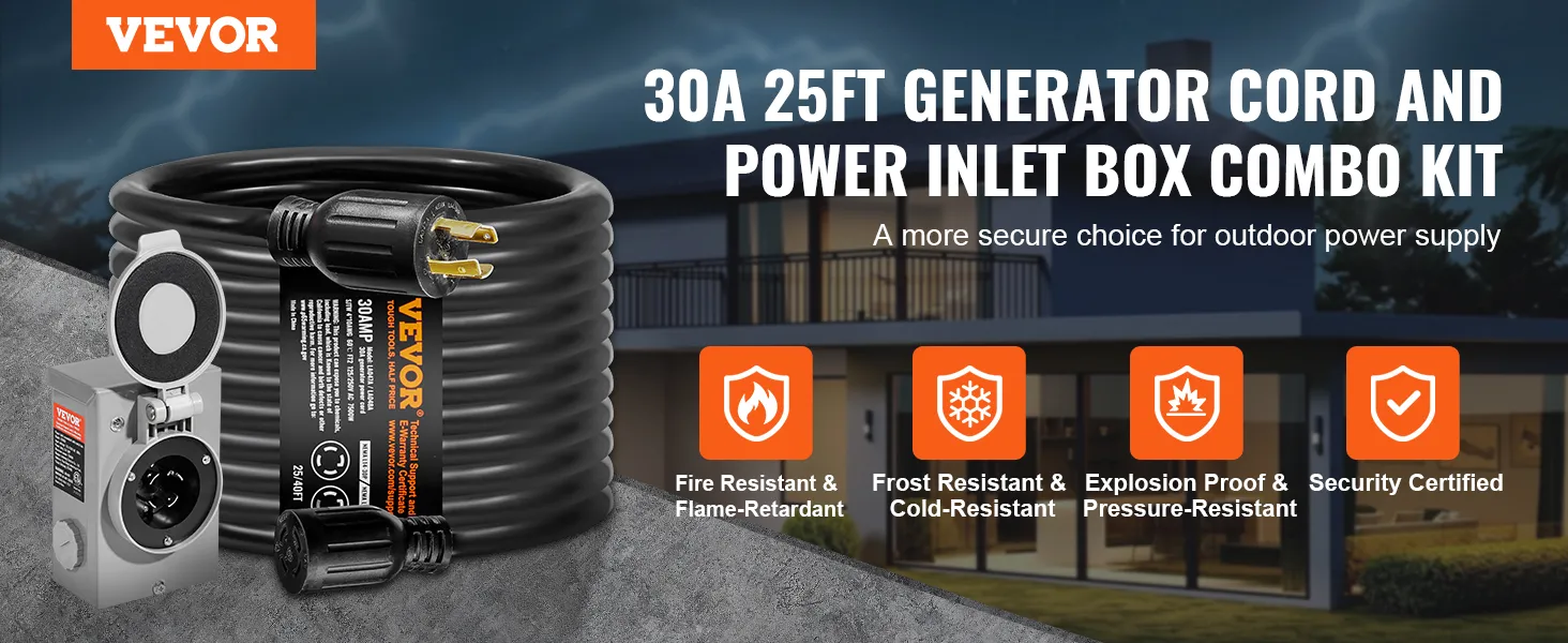 VEVOR 30a 25ft generator cord and power inlet box combo kit, fire resistant, frost resistant.