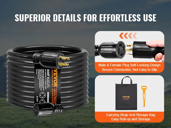 VEVOR 30 amp generator cord with male and female self-locking plugs, carrying bag, and strap for storage.
