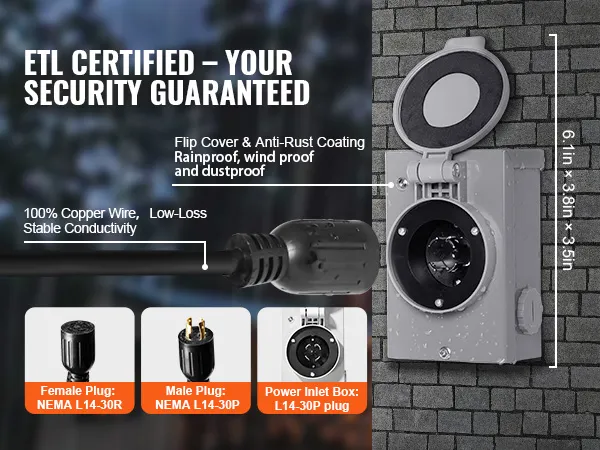etl certified VEVOR generator cord kit, rainproof, windproof, dustproof, with nema l14-30 plugs.
