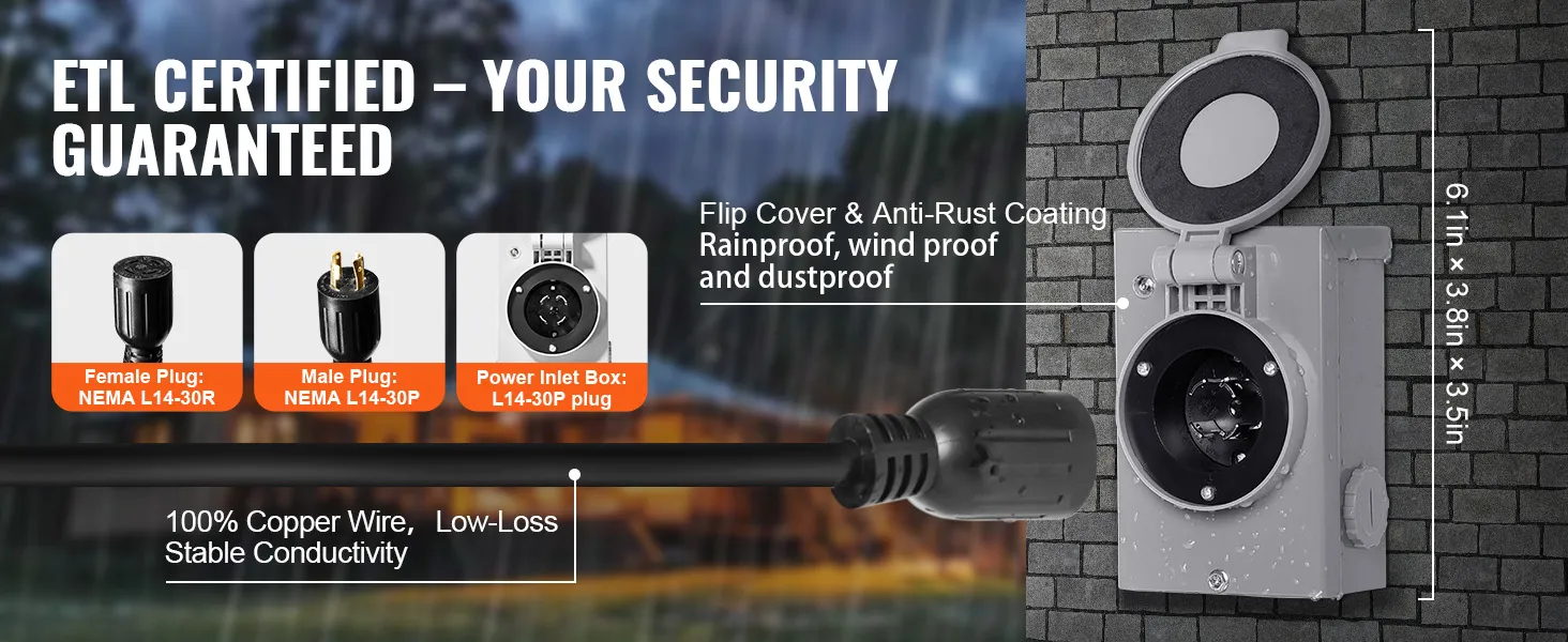 etl certified VEVOR generator cord kit, rainproof, windproof, dustproof, with nema l14-30 plugs.