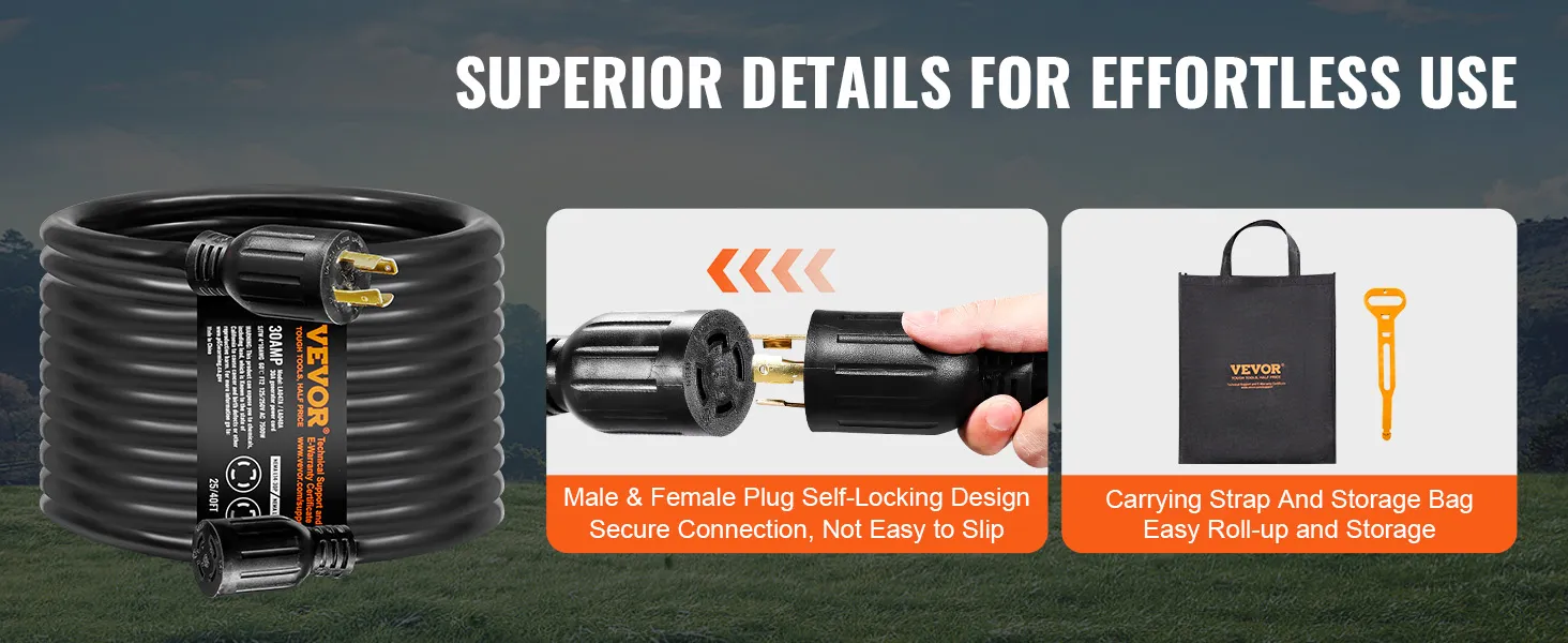 VEVOR generator cord kit with male and female plugs, self-locking design, carrying strap, and storage bag.