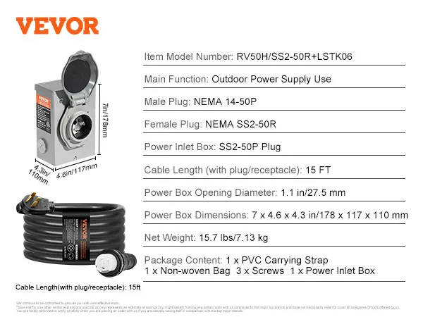 Cable generador VEVOR, 15 pies, enchufe nema 14-50p y receptáculo ss2-50r, conjunto de fuente de alimentación para exteriores.