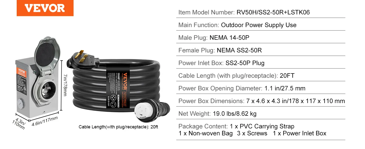 Kit de cable para generador VEVOR con enchufe nema 14-50p, receptáculo nema ss2-50r y cable de 20 pies.