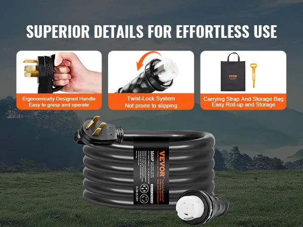 VEVOR generator cord kit with ergonomic handle, twist-lock system, and carrying bag for easy use.