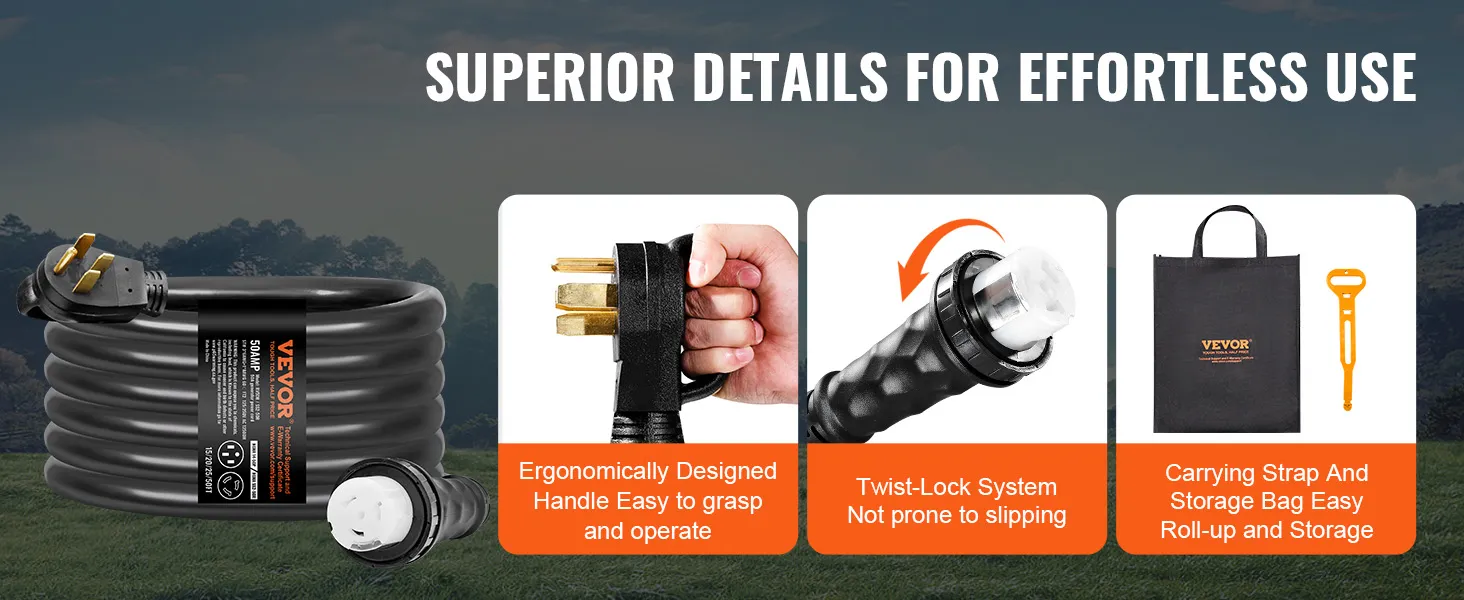VEVOR generator cord kit with ergonomic handle, twist-lock system, and carrying bag for easy use.